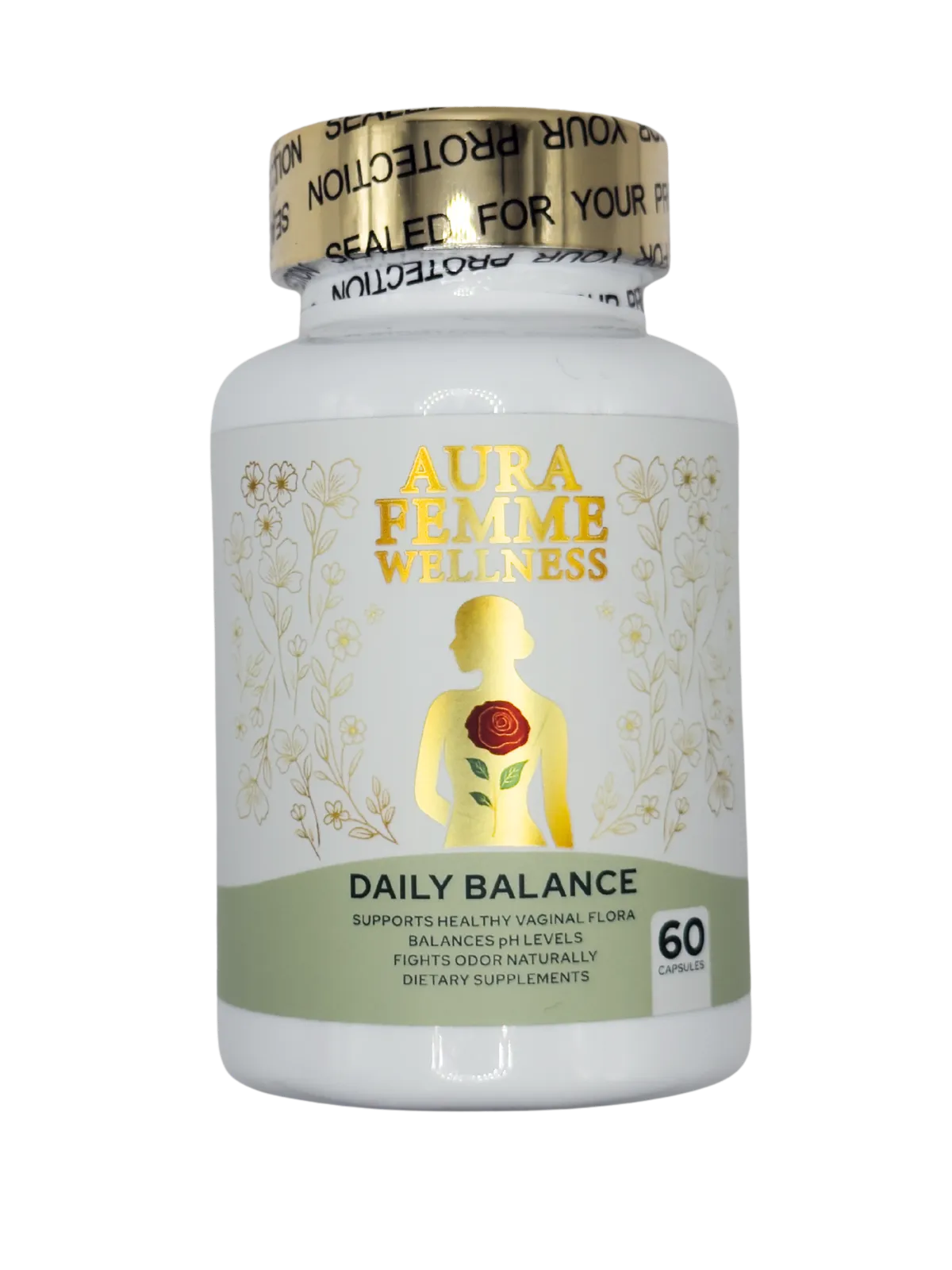Aura Femme Daily Balance women's probiotic supplement formulated to support gut health and feminine wellness.