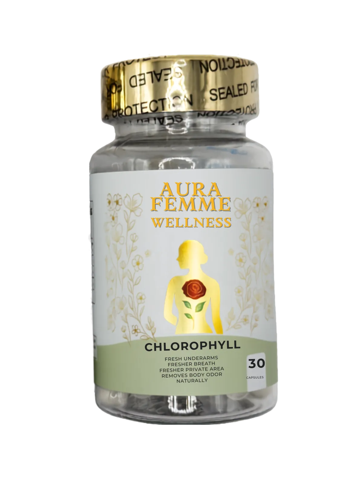 Aura Femme Chlorophyll supplement formulated to support daily freshness and overall wellness.