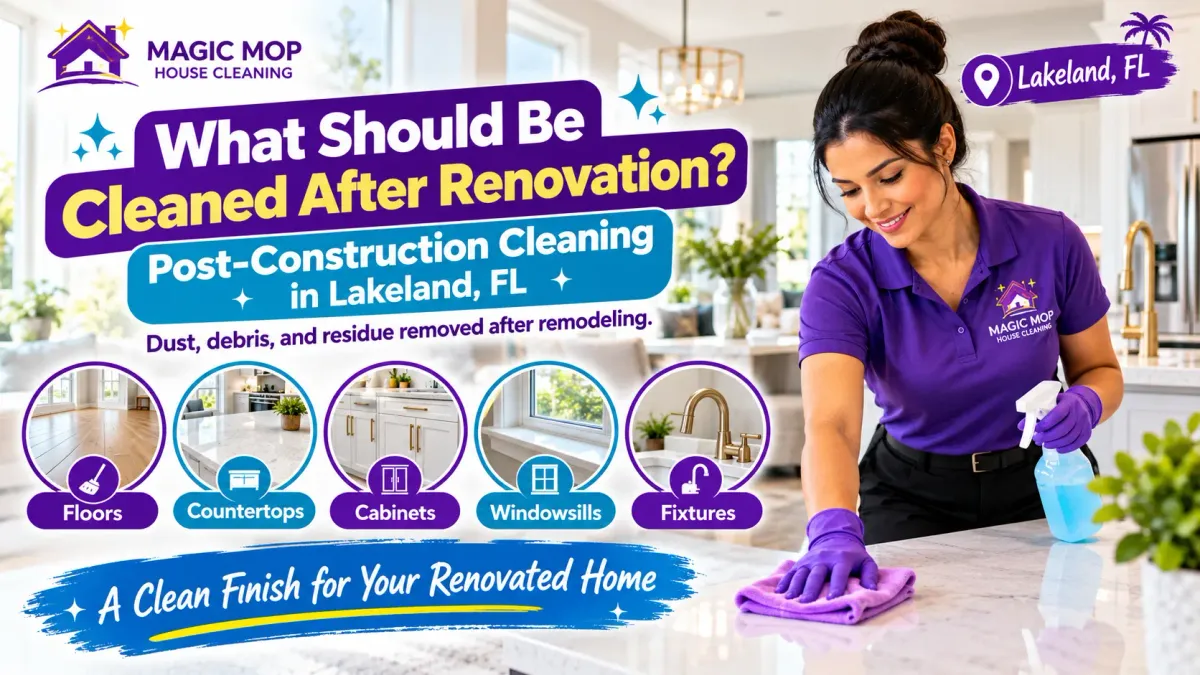Post-construction cleaning professional wiping a renovated kitchen countertop in a bright Lakeland, FL home, with Magic Mop House Cleaning branding and icons highlighting floors, countertops, cabinets, windowsills, and fixtures.