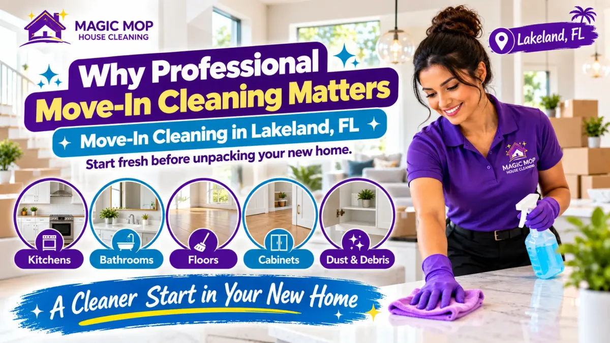 Professional move-in cleaning in Lakeland, FL by Magic Mop House Cleaning, showing a cleaner wiping a kitchen countertop with highlights for kitchens, bathrooms, floors, cabinets, and dust removal.