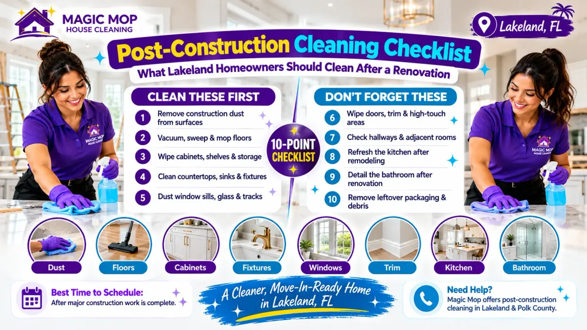 Post-construction cleaning checklist for Lakeland homeowners showing Magic Mop cleaners removing construction dust, cleaning floors, cabinets, fixtures, windows, kitchens, bathrooms, and other renovated home areas.