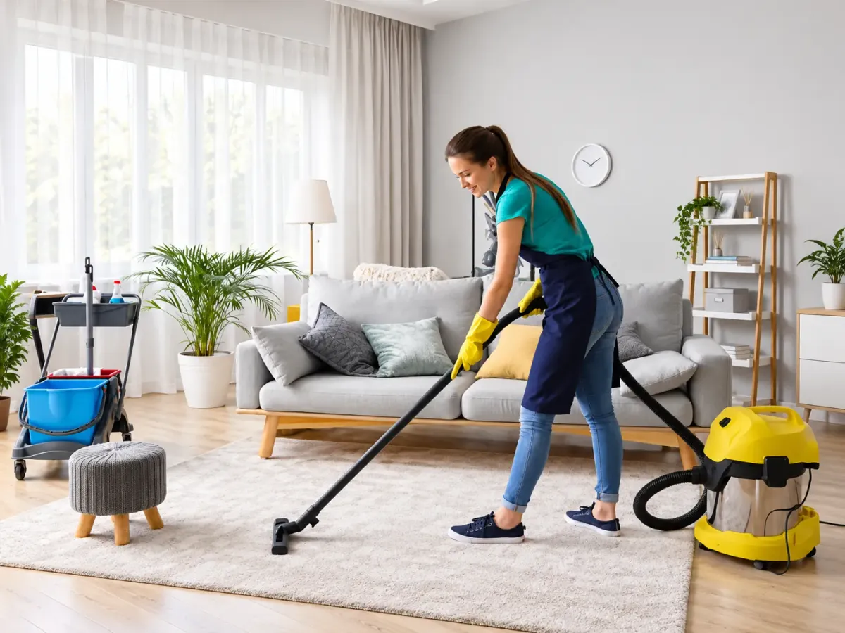 Professional house cleaner vacuuming a living room carpet with commercial cleaning equipment beside a modern gray sofa.