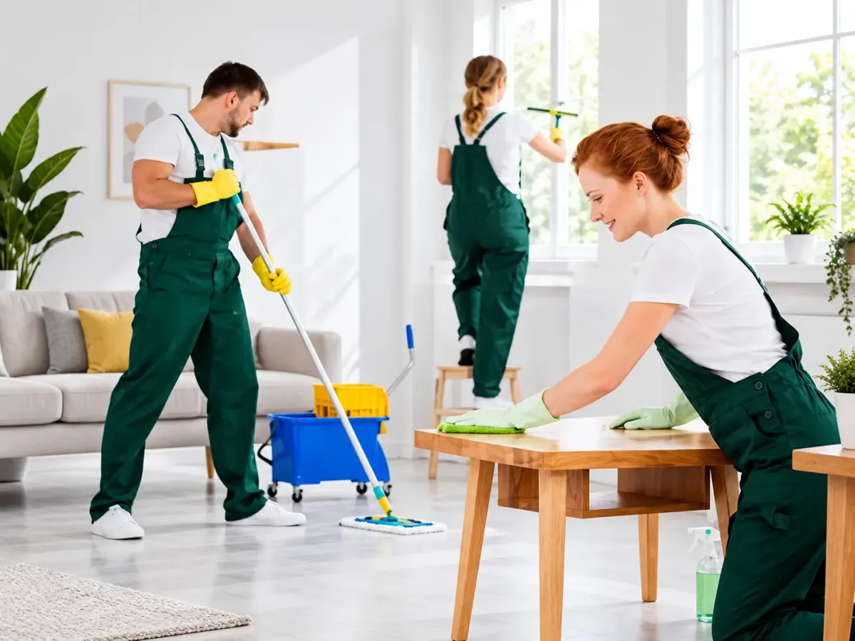 Professional cleaning team mopping floors, wiping furniture, and cleaning windows in a bright residential living room.