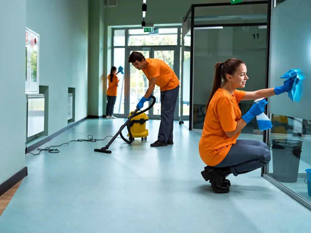 Professional commercial cleaning team vacuuming floors and wiping glass partitions in a modern office hallway.