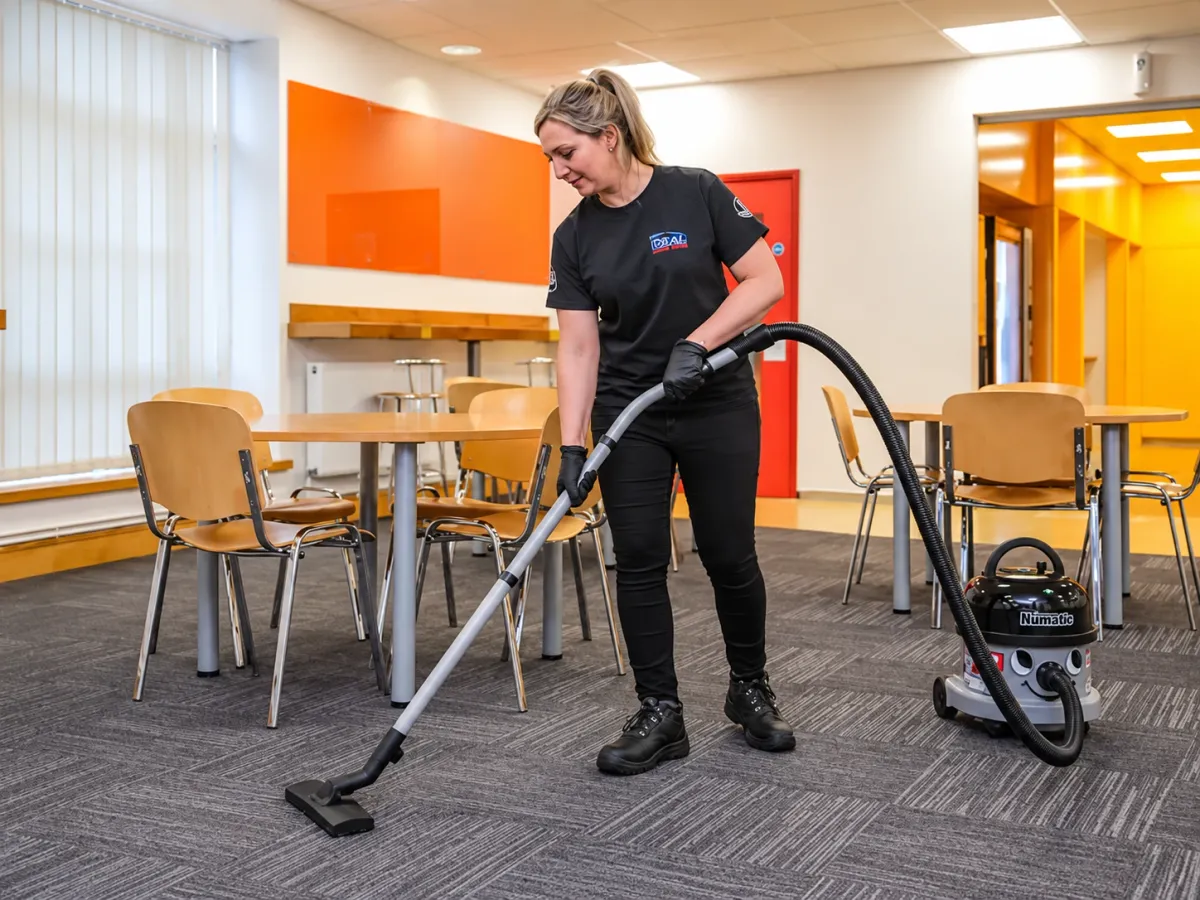 Professional cleaner vacuuming carpeted floors in a commercial office breakroom using industrial cleaning equipment.