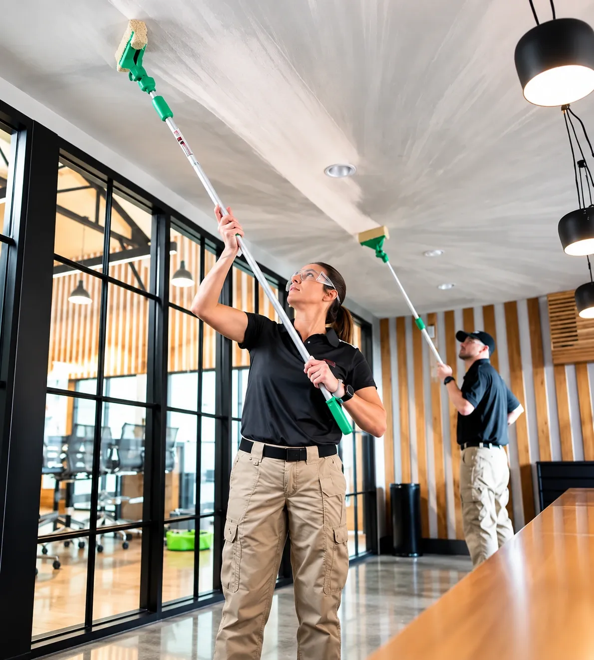 Professional cleaners removing dust from high ceilings using extension poles in a modern commercial office.