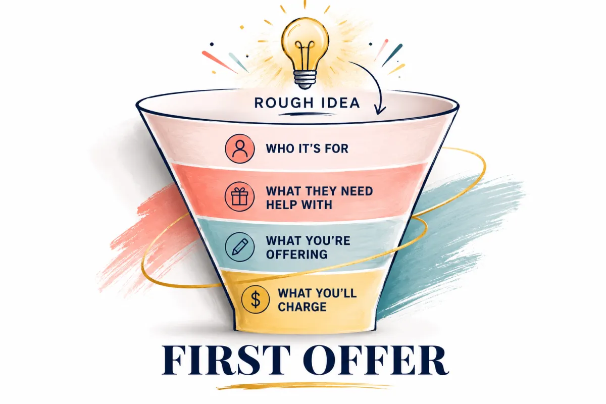 Funnel showing the four parts of turning a rough idea into a first offer.