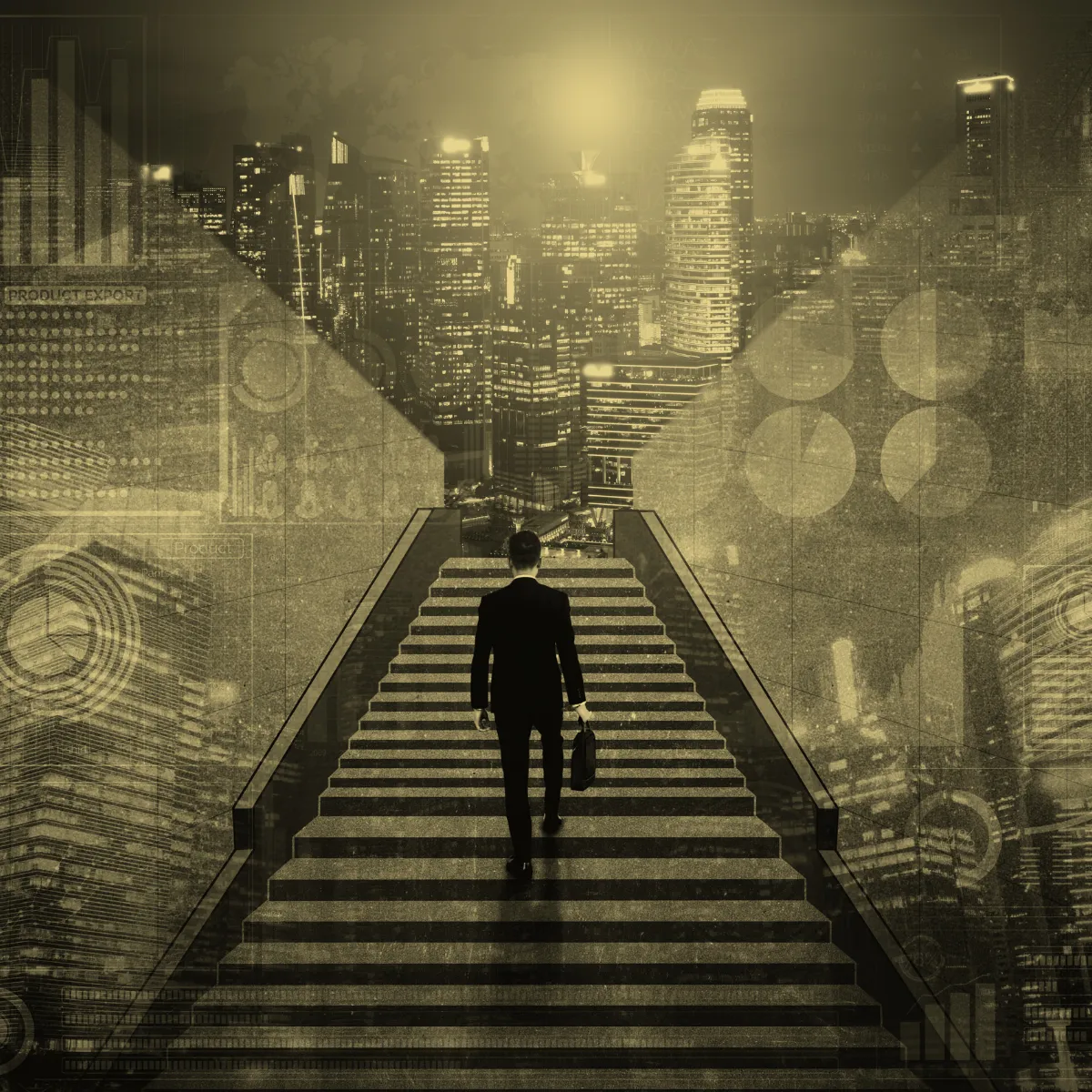 Professional male walking up steps symbolizing climbing up the corporate ladder.