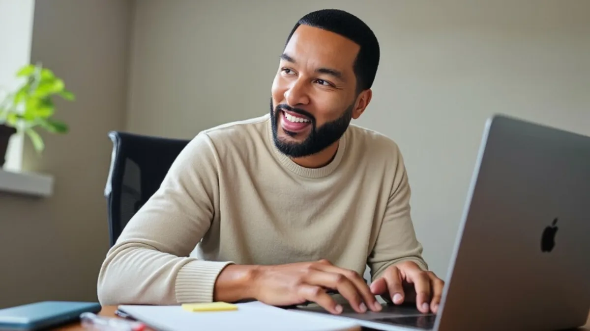 Picture of Timothy Eli in front of his Apple MacBook Pro laptop