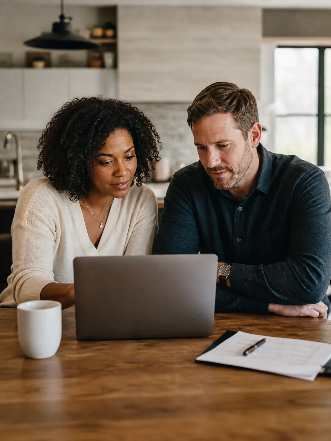 A professional couple reviewing their documents on a laptop