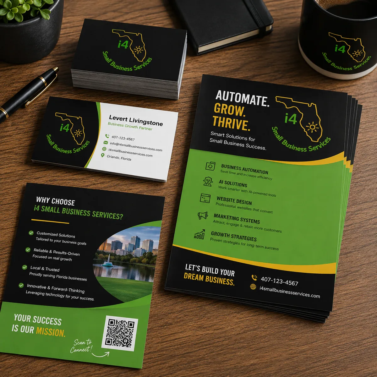 Stack of fresh business cards and flyers