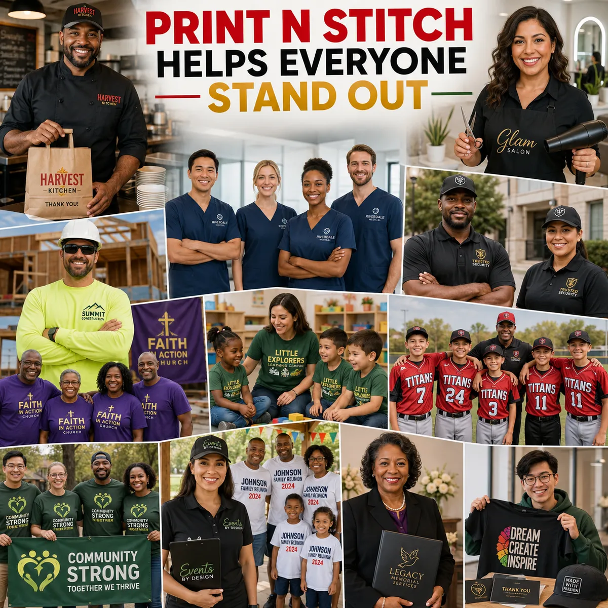 Collage of different professionals, community members, and teams wearing custom apparel and using custom printed products