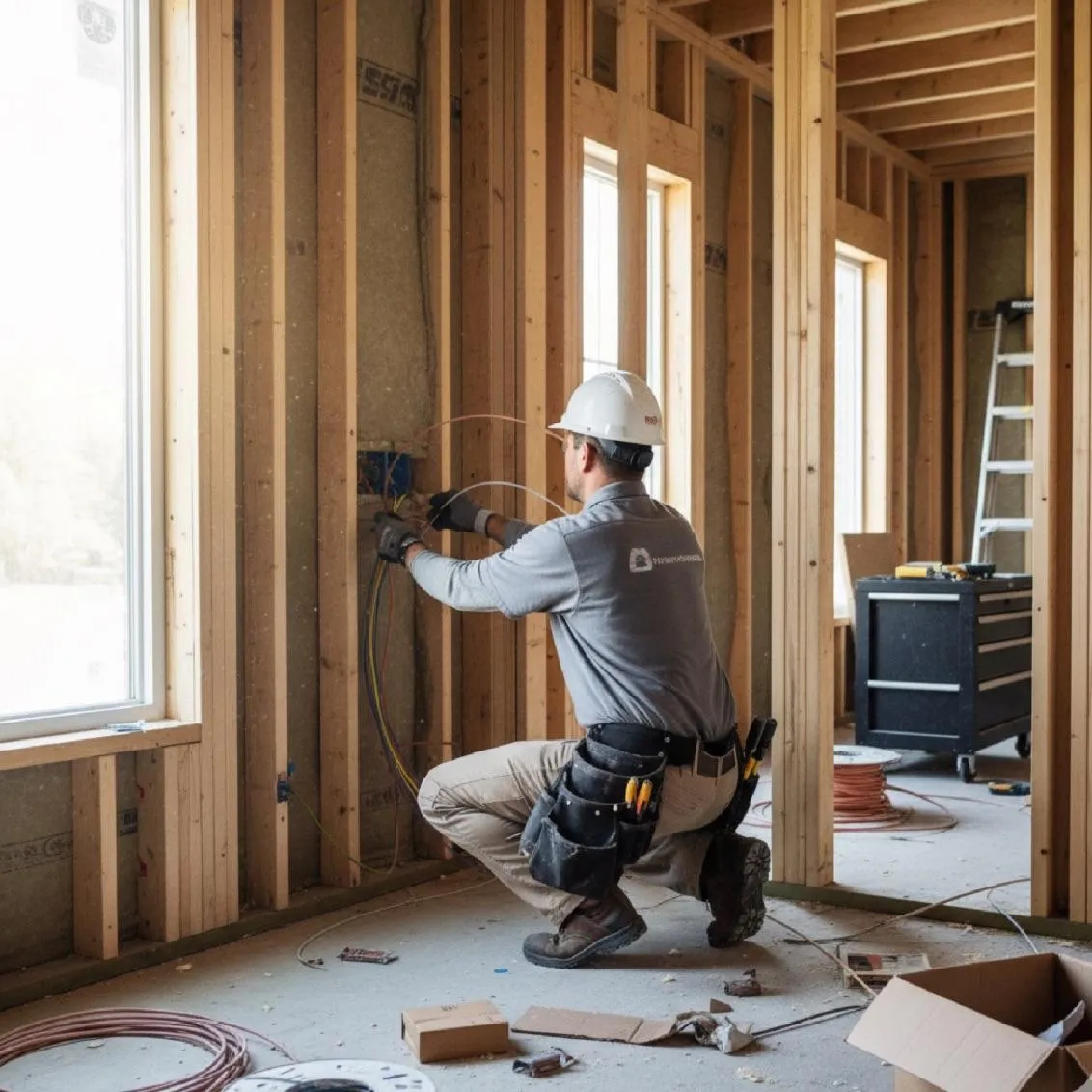 A diverse team of electricians in branded uniforms standing together in front of a modern service van, smiling confidently. The setting is outdoors on a sunny day, with subtle cityscape in the background, highlighting professionalism and teamwork.