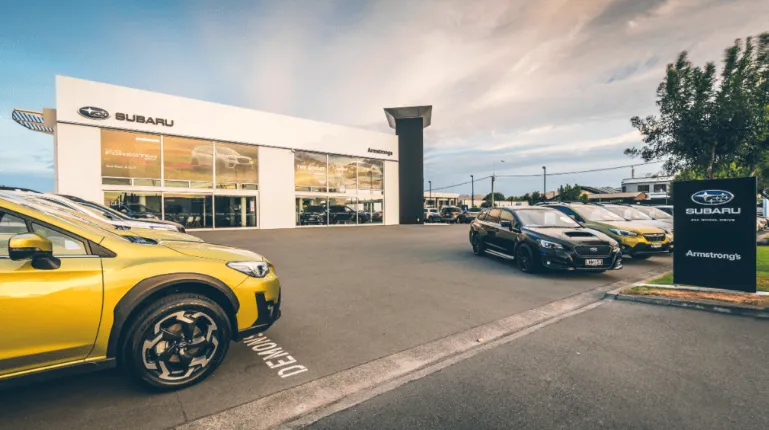 Armstrong Subaru Christchurch dealership exterior with new Subaru vehicles