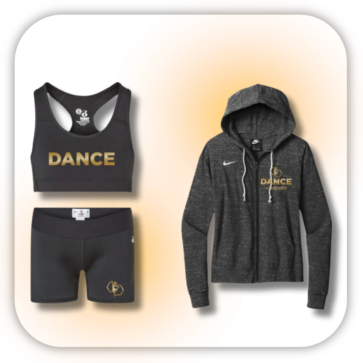 COMPETITION GEAR   Suit up with sleek, studio-branded gear that keeps your dancers warm, organized, and ready to win all weekend long.