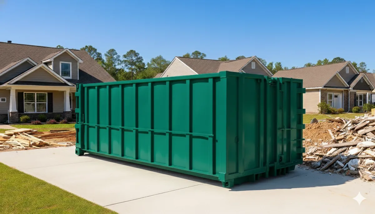 Yellow construction dumpster in a suburban neighborhood.