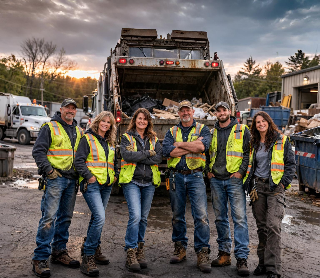 Dumpster rental team standing in front of a truck.