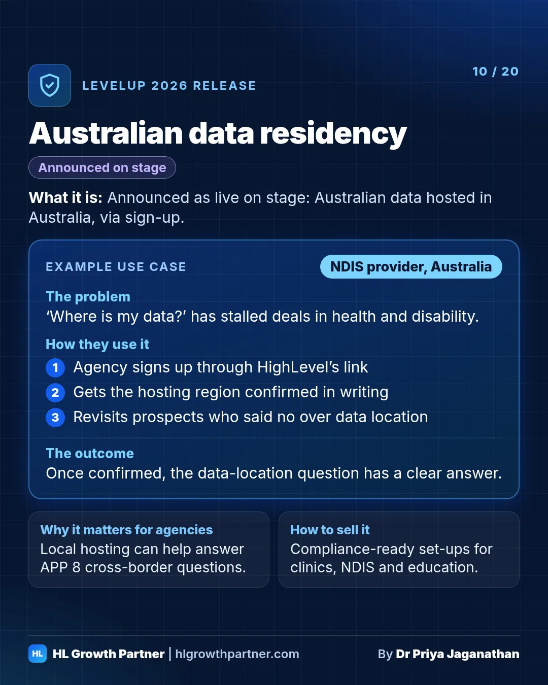 Release 10 of 20: Australian data residency. HighLevel LevelUp 2026 release card showing what it is, an example use case for a ndis provider, why it matters for agencies and how to sell it
