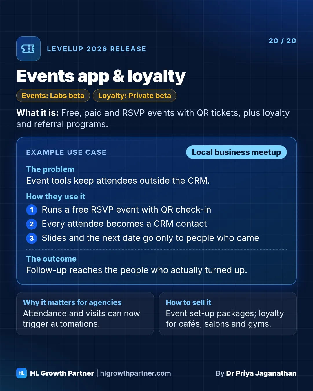 Release 20 of 20: Events app & loyalty. HighLevel LevelUp 2026 release card showing what it is, an example use case for a local business meetup, why it matters for agencies and how to sell it
