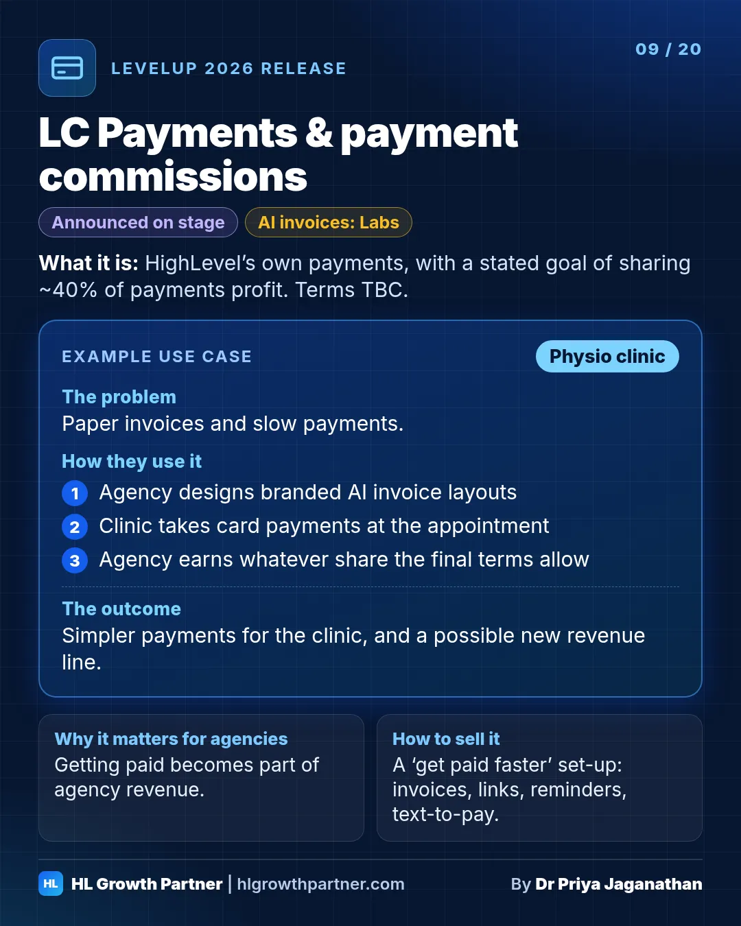 Release 09 of 20: LC Payments & payment commissions. HighLevel LevelUp 2026 release card showing what it is, an example use case for a physio clinic, why it matters for agencies and how to sell it