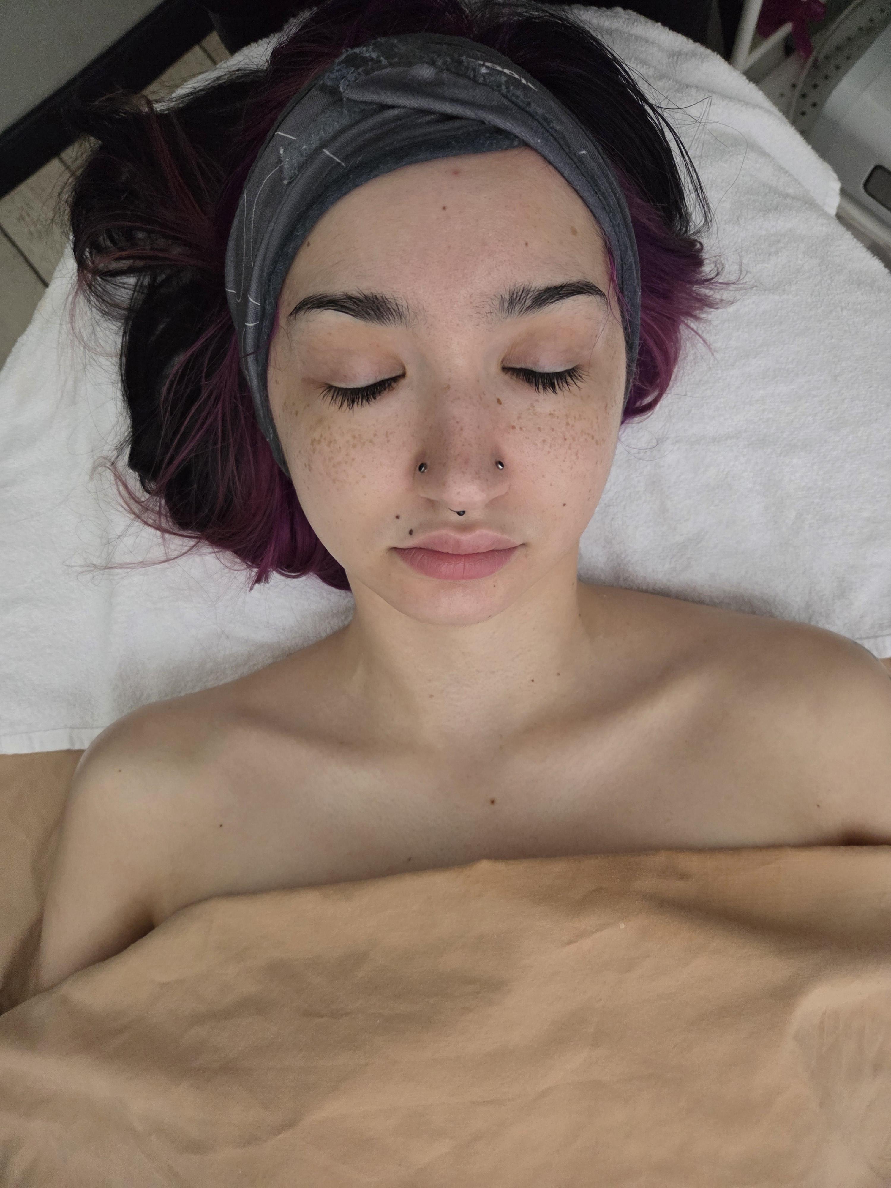 Happy friend after receiving a free facial for practice.