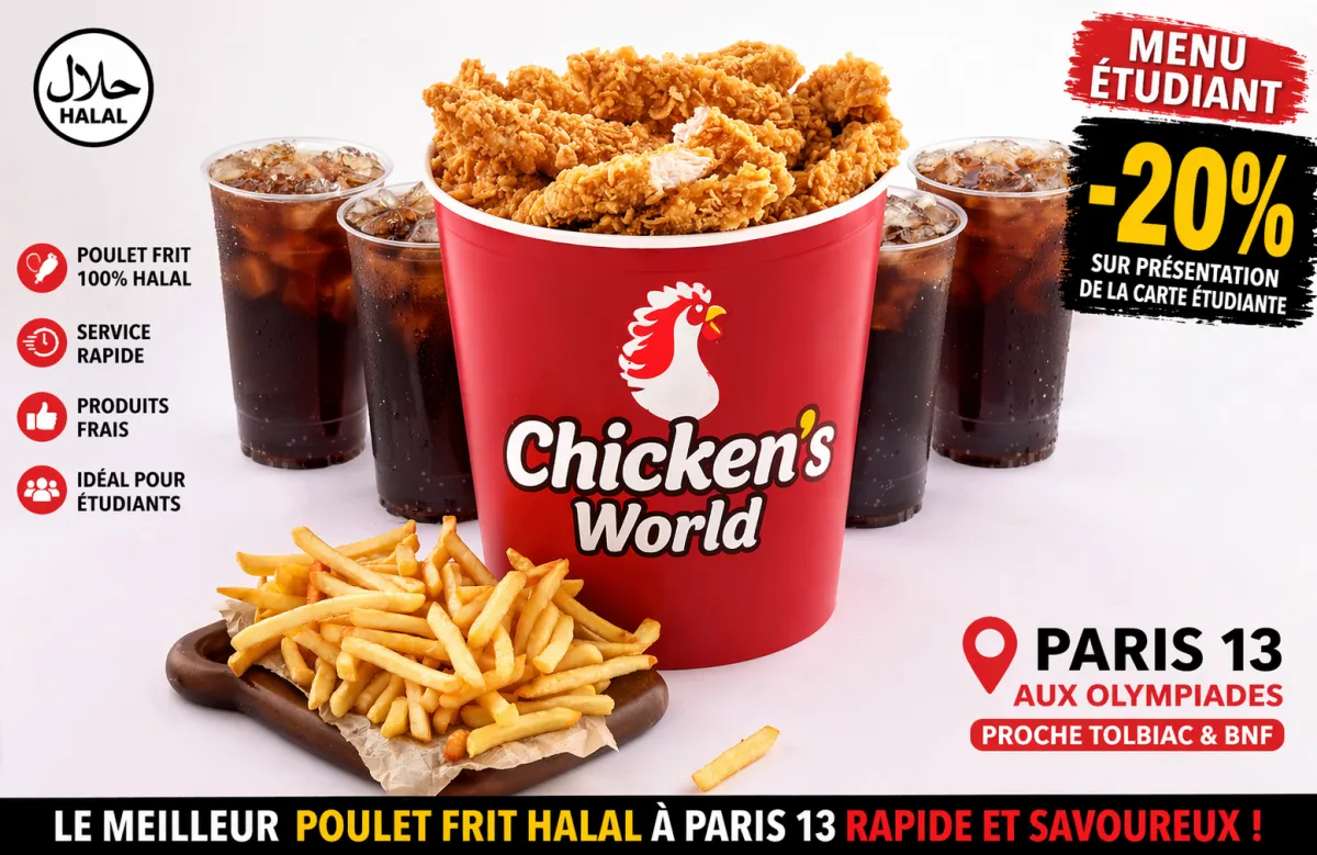 Burger halal et poulet frit croustillant chez Chicken’s World Paris 13 proche Olympiades et Tolbiac