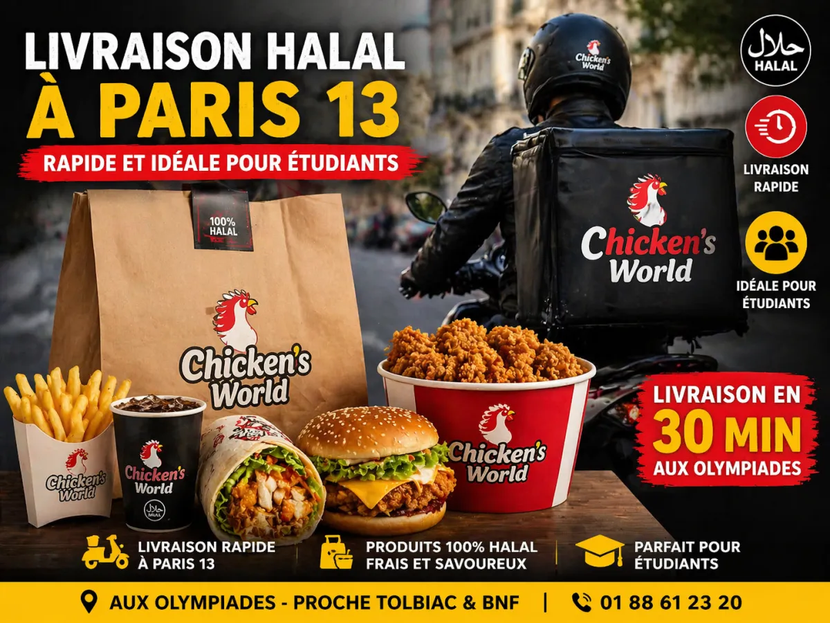 Touristes, familles et étudiants devant Chicken’s World Paris 13, fast food halal près du quartier chinois, Tolbiac, Olympiades, Bibliothèque François-Mitterrand et Place d’Italie, avec burger halal, poulet frit et frites.