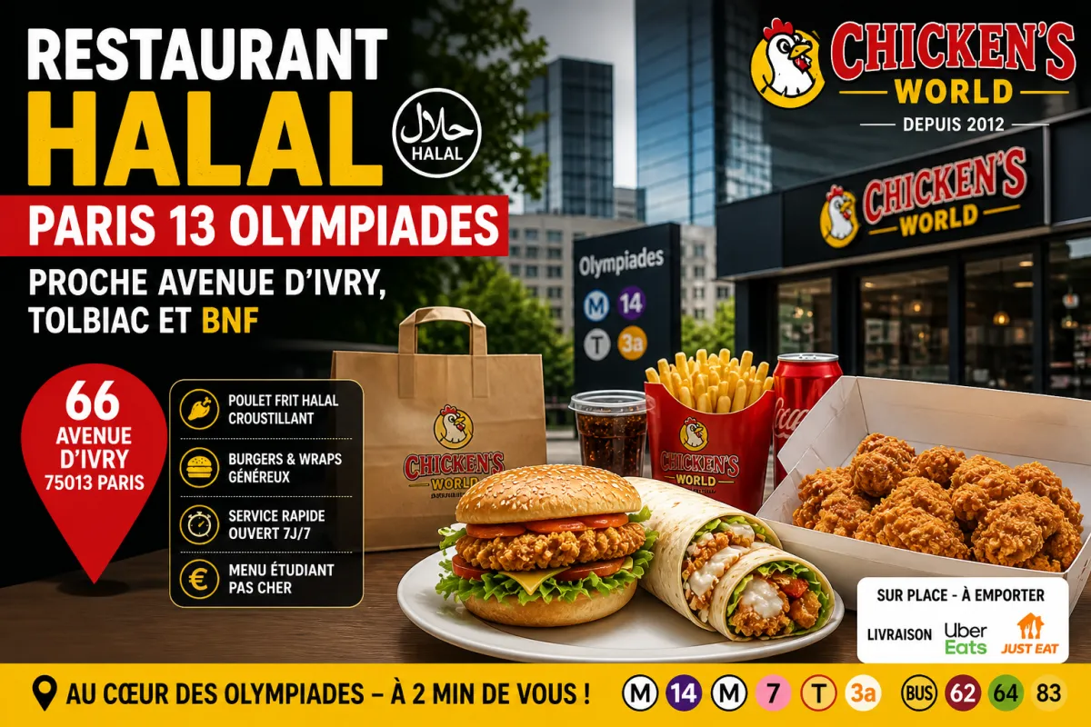 restaurant halal Paris 13 Olympiades poulet frit halal Avenue d’Ivry Tolbiac BNF fast food halal pas cher ouvert maintenant