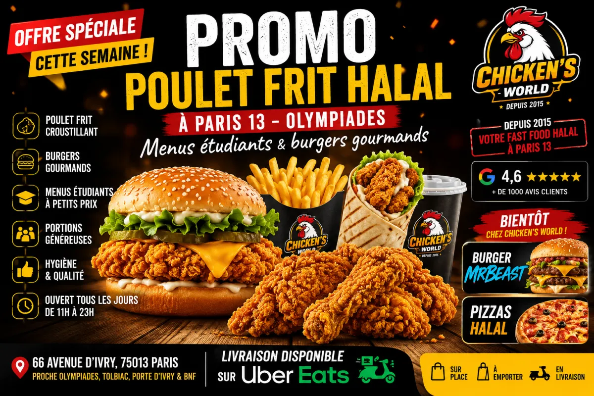 Promo poulet frit halal à Paris 13 chez Chicken’s World – burgers halal, menus étudiants et livraison Uber Eats proche Olympiades