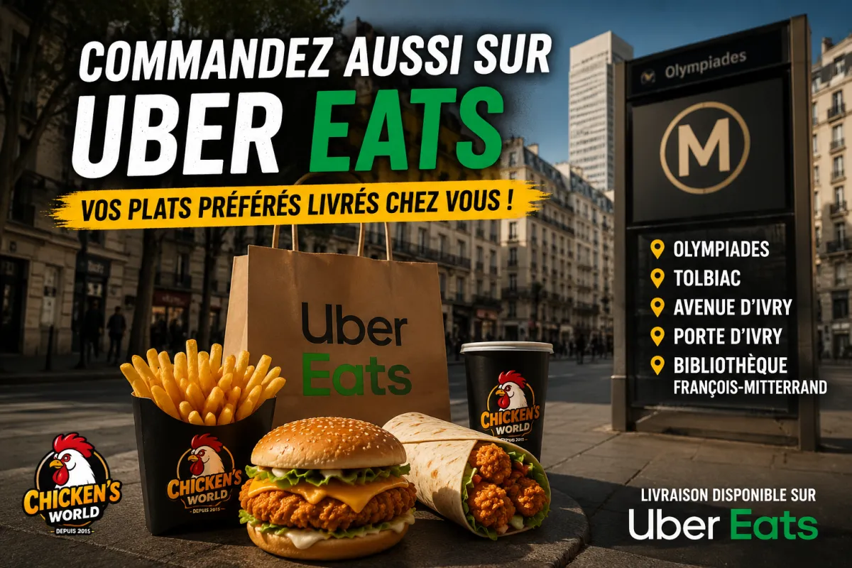 Restaurant halal à Paris 13 chez Chicken’s World Avenue d’Ivry avec burger halal, poulet frit croustillant, frites et boisson, situé sur la dalle des Olympiades près de Lidl et Kiabi.