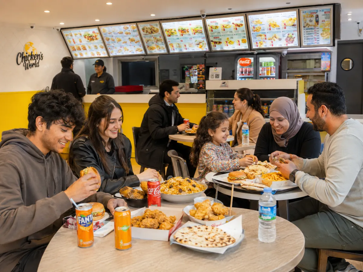 Famille profitant d’un repas halal d’été chez Chicken’s World Paris 13 avec burgers, wraps, poulet croustillant, wings, tenders, frites et milkshakes près d’Olympiades, Tolbiac et Porte d’Ivry.