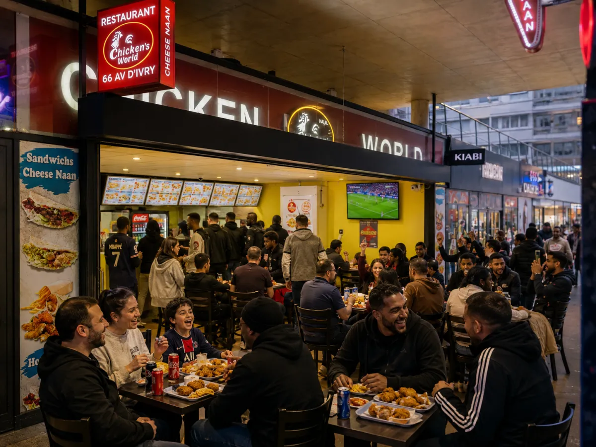 Ambiance match chez Chicken’s World Paris 13, restaurant halal près d’Olympiades, Tolbiac et Avenue d’Ivry, avec beaucoup de clients regardant le football et partageant poulet frit halal, burgers, frites et boissons.