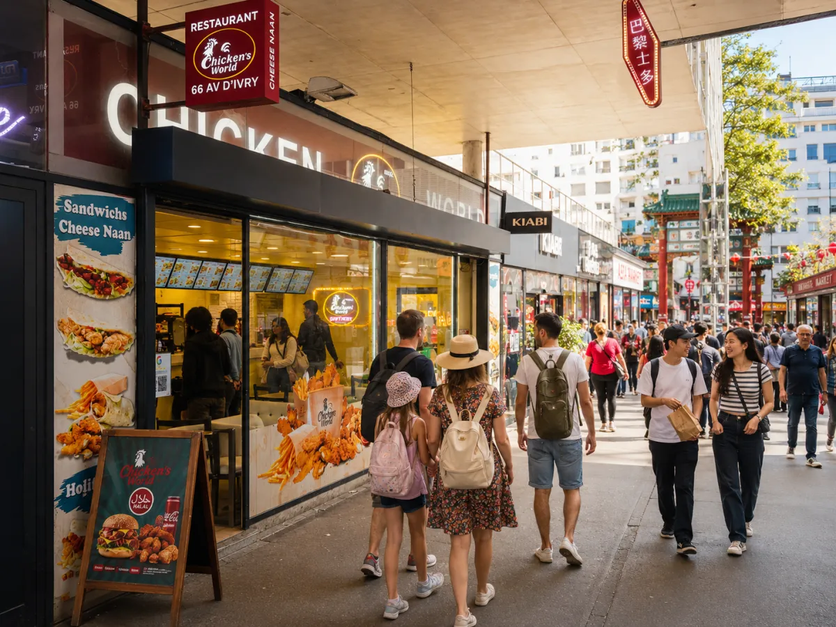 Chicken’s World Paris 13, restaurant halal sur la dalle des Olympiades près d’Avenue d’Ivry et Tolbiac, avec idées de menus, calories estimées, burgers halal, poulet frit, wraps, plats indiens, étudiants, sportifs et Uber Eats.