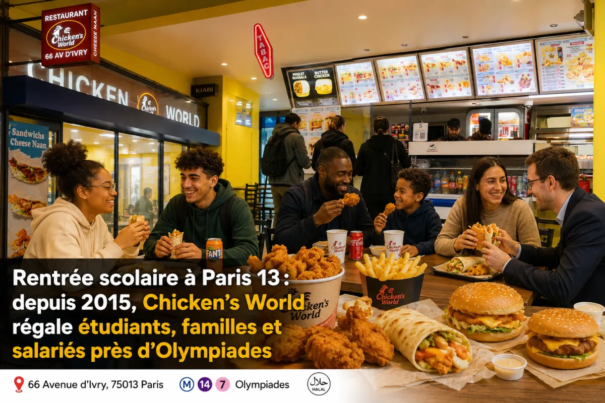 Chicken’s World Paris 13, restaurant halal sur la dalle des Olympiades près d’Avenue d’Ivry, avec étudiants, familles et salariés pendant la rentrée scolaire, burgers halal, poulet frit halal, wraps, frites et repas halal généreux depuis 2015.