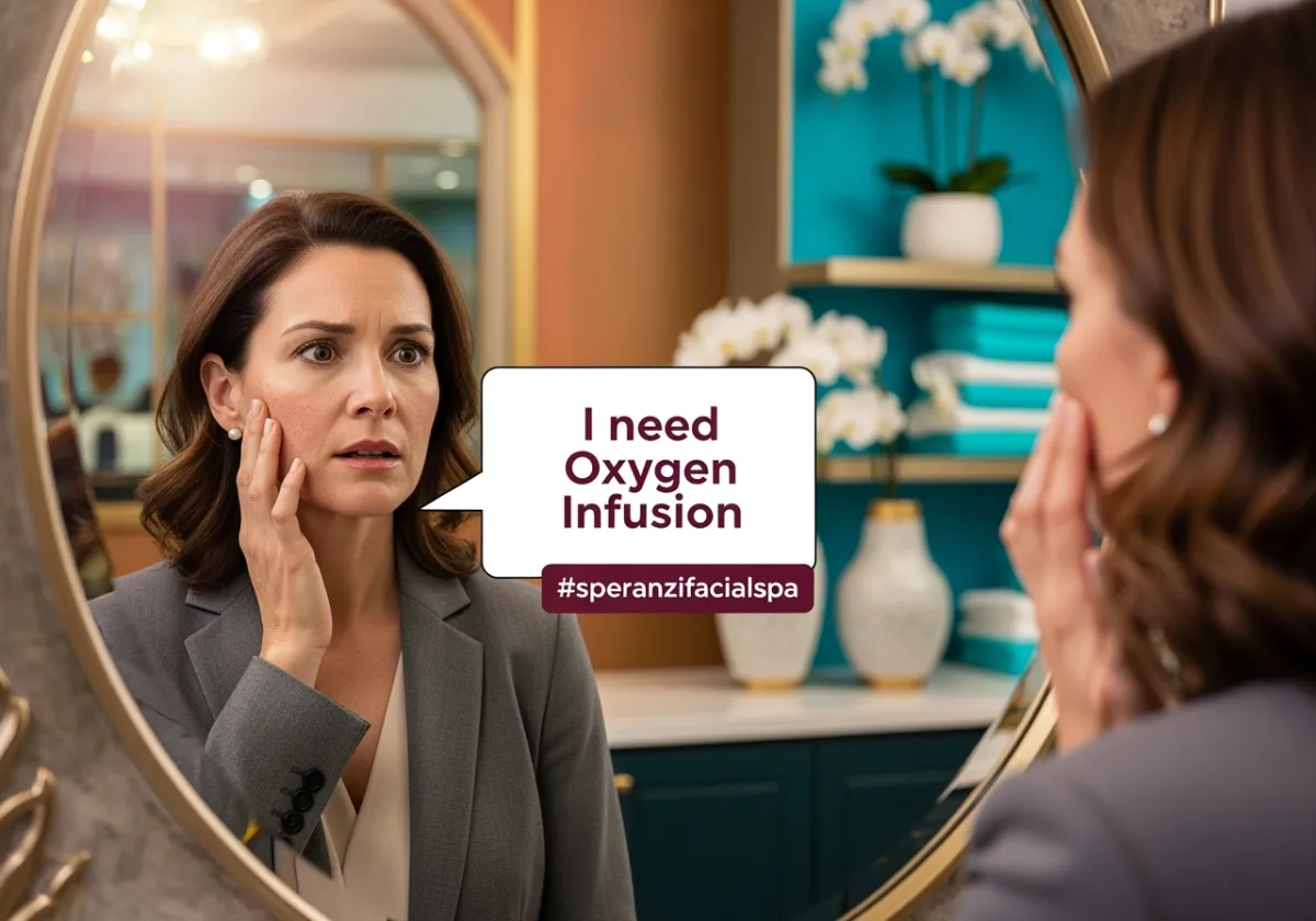 Woman in her 40's notices her aging skin and says she needs an oxygen infusion at Speranzi Facial Spa