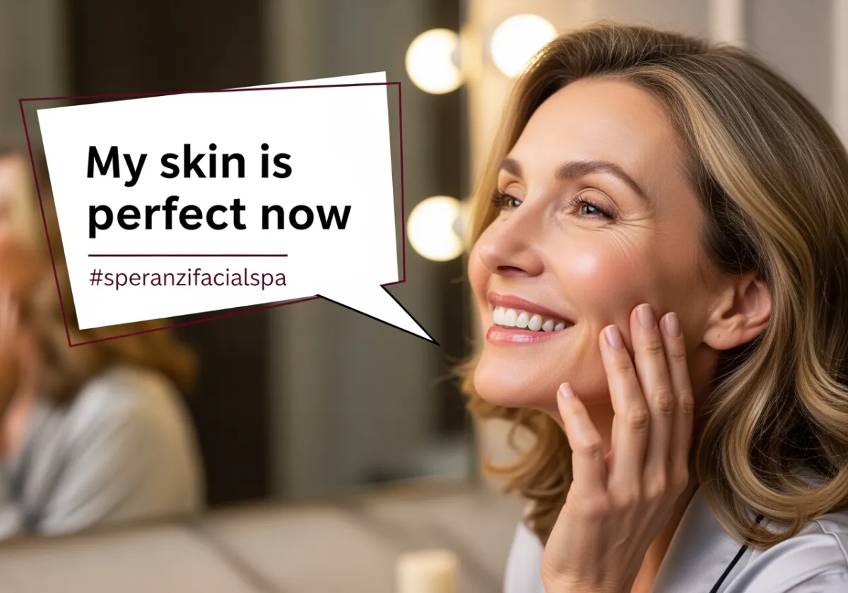 A women in 50's is happy with her skin after a facial at Speranzi Facial Spa