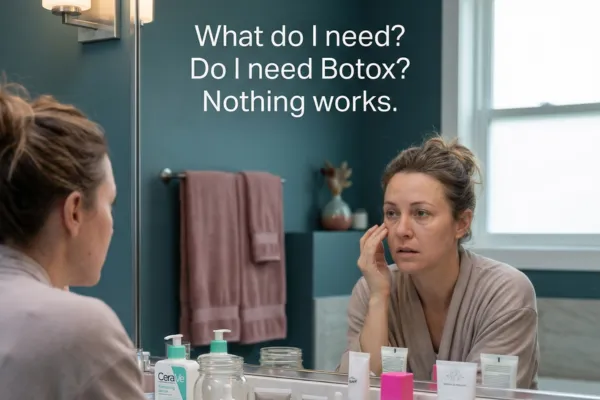 Woman is looking at her reflexion and unhappy with the skin aging showing up