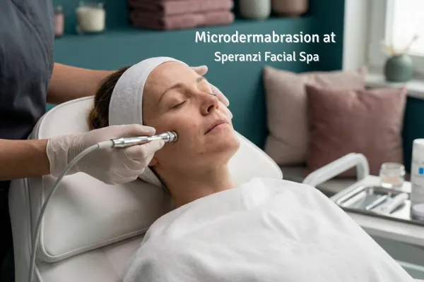 Woman in a facial room receives microdermabrasion treatment