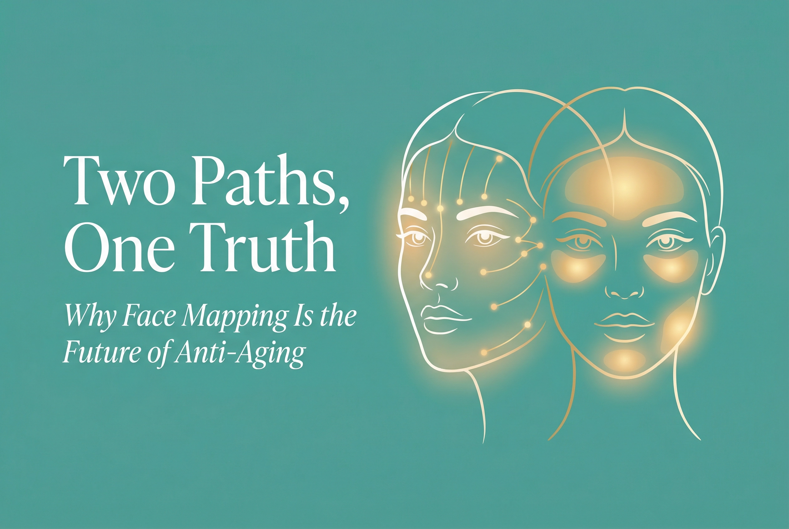 Two overlapping female face illustrations on teal background showing Chinese Medicine meridian points and holistic skin zone mapping, with text: Two Paths, One Truth — Why Face Mapping Is the Future of Anti-Aging 