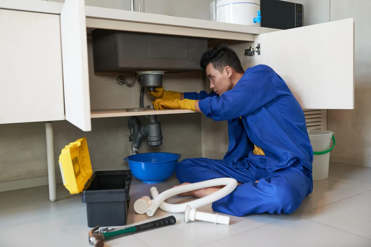 Plumber fixing a sink pipe