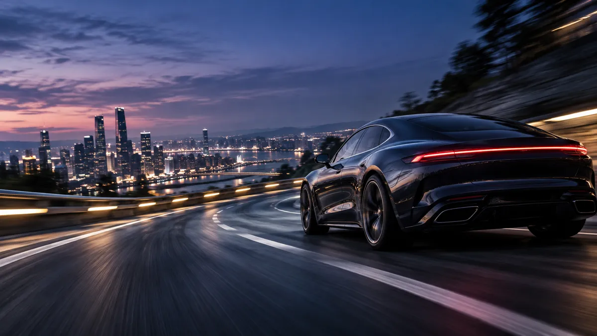 Dark performance car accelerating along a curved city highway at blue hour