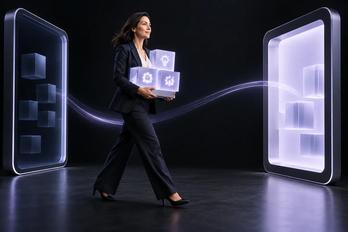Business leader carrying portable AI knowledge from one digital platform to another
