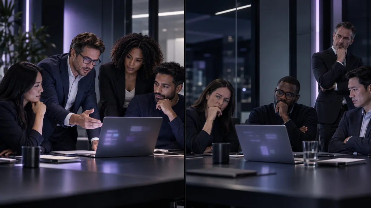 Two business teams reacting differently to AI leadership in the workplace