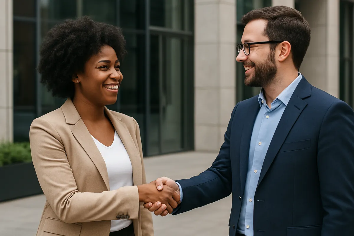 Business man and woman shaking hands together