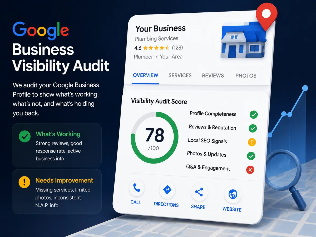 A proper trade business should be easy to find, easy to trust, and easy to contact. We’ll run a full check-up on your Google Business Profile to see how your business appears to local customers searching for your service — and what may be quietly costing you calls, trust, and booked work. You’ll get clear insights into: how visible your profile is locally how your business compares nearby where customers may be dropping off what practical improvements could help you stand out No fluff. No pressure. Just a clear look at how your business is coming across online — and where work may be slipping through the cracks.