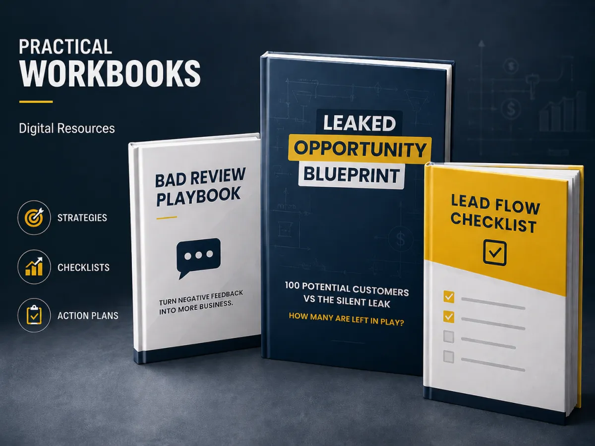 Get the complete tools to strengthen your trade business. The Lead Flow Checklist helps you capture more jobs consistently—from being found to converting repeat business. The Leaked Opportunity Blueprint shows you exactly where trades typically lose work—and how to fix each leak with clear strategies. The Bad Review Playbook gives you the tools to turn negative feedback into new opportunities—protecting your reputation while winning future work. Together, these three guides give you a step-by-step system to grow and protect your business—all in practical, no-nonsense terms. 