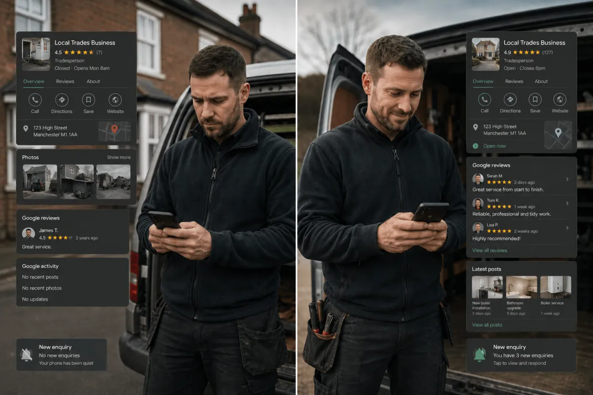 Before and after Google Business Profile optimisation for a gas engineer — poorly optimised profile on the left, fully optimised profile with photos and reviews on the right