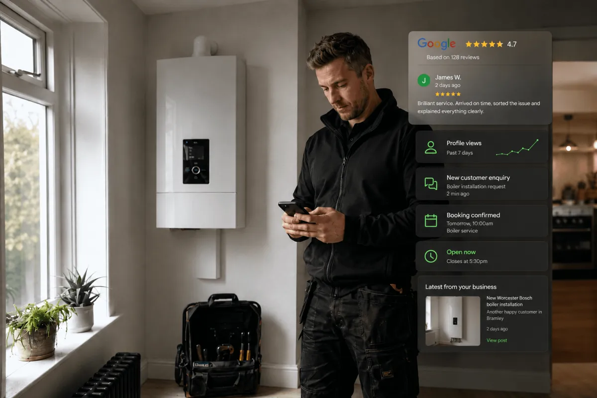 Gas engineer checking his phone with tools and a modern boiler visible in the background, alongside a Google Business Profile panel showing strong reviews, a recent post, and an upward trending graph — illustrating that consistent GBP optimisation for gas engineers is a long-term strategy, not a quick fix