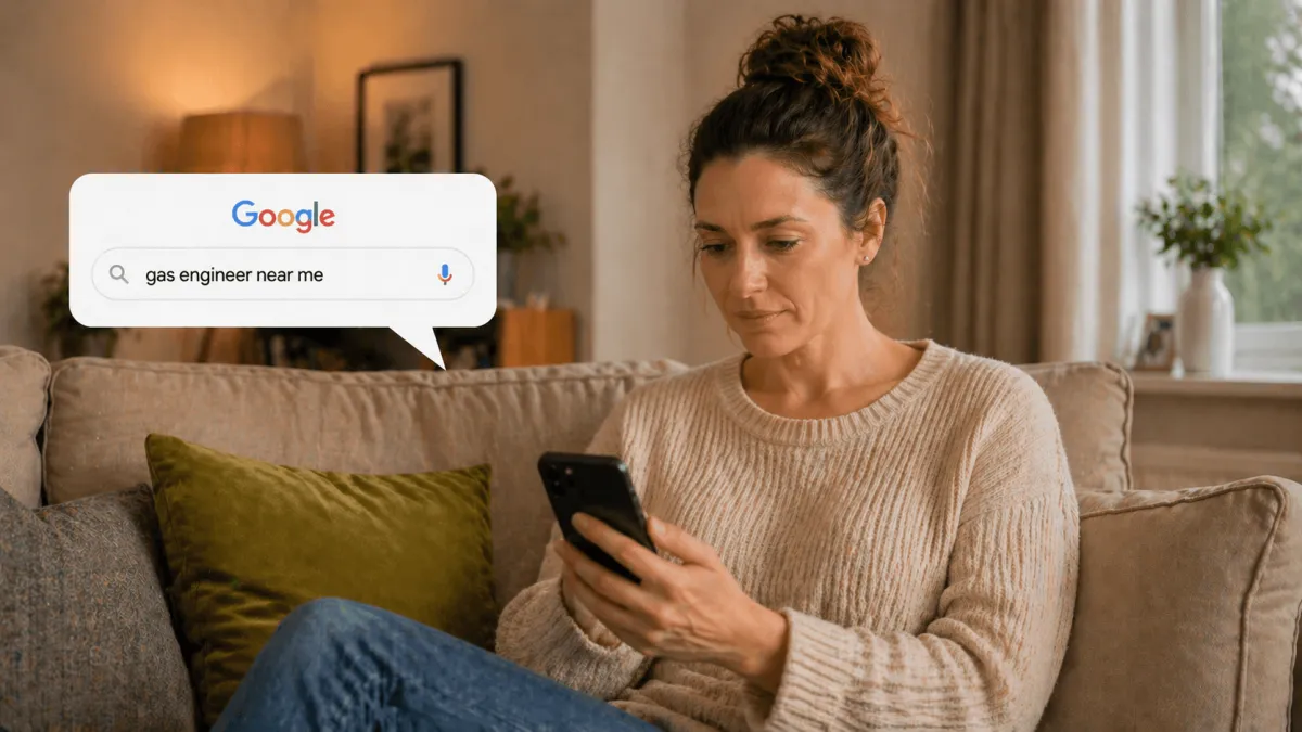 Homeowner in distress on the phone after searching 'gas engineer near me' on Google