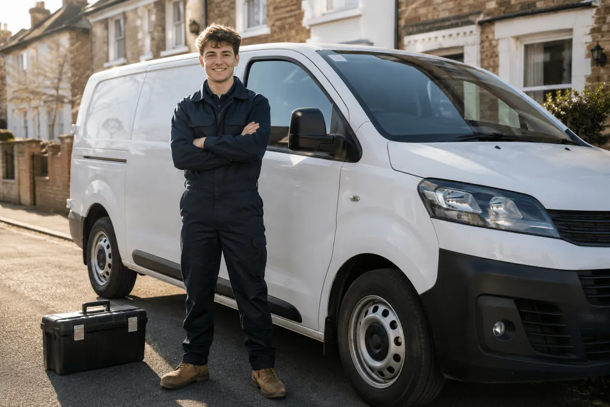 Proud young gas engineer in dark navy work uniform standing with arms crossed by his new van with tools beside him — representing the type of gas and heating engineer HomeFix Network helps get found on Google across the West Midlands